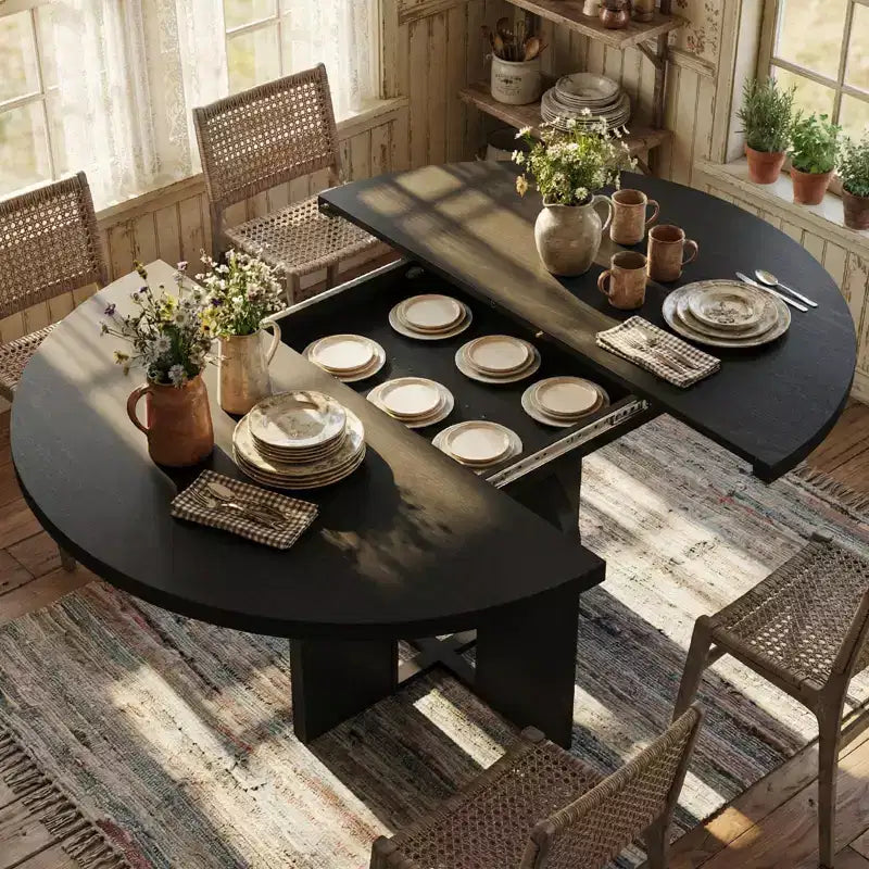 Table de salle à manger ronde extensible de 47 à 63 pouces pour 4 à 8 personnes, table de cuisine extensible en bois de style ferme avec pieds élargis, cadre en métal robuste, ovale, gain de place