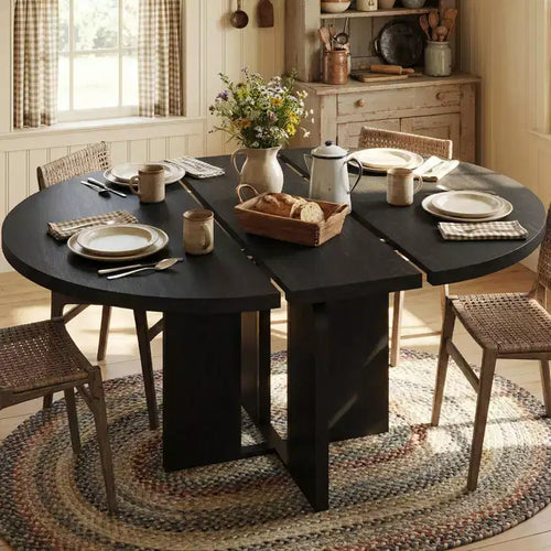 47-63 Extendable Round Dining RoomTable for 4-8, Farmhouse Wood Expandable Kitchen Table w/Wider Leg, Sturdy Metal Frame, Oval Circle, Space Save