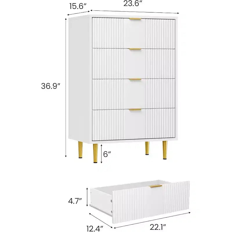 Commode de rangement à 4 tiroirs avec poignées métalliques vintage, Commode profonde pour chambre à coucher, salon, couloir et entrée