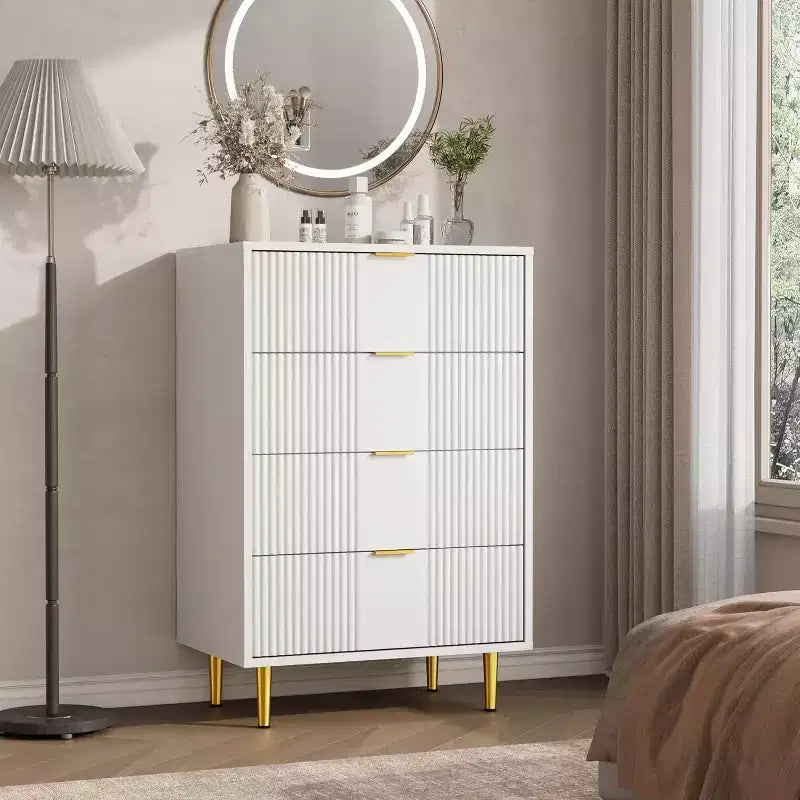 Commode de rangement à 4 tiroirs avec poignées métalliques vintage, Commode profonde pour chambre à coucher, salon, couloir et entrée
