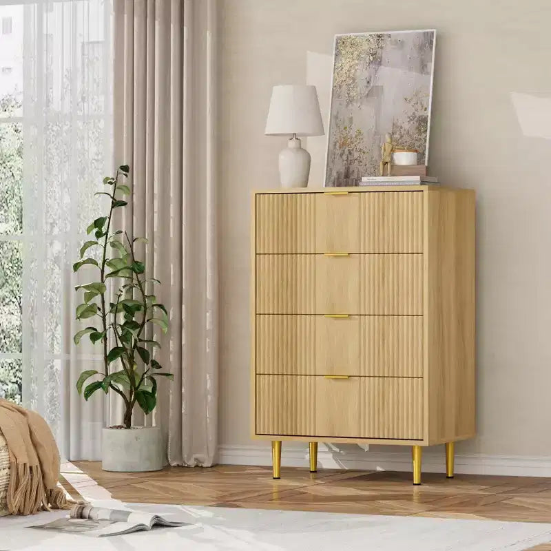 Commode de rangement à 4 tiroirs avec poignées métalliques vintage, Commode profonde pour chambre à coucher, salon, couloir et entrée