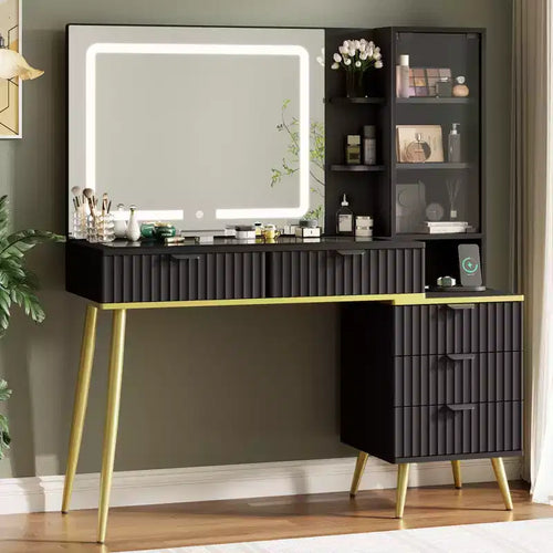 48 Makeup Vanity Desk with Glass Top, Large Vanity Desk with 3 Lighting Modes Mirror & 5 Drawers,Black