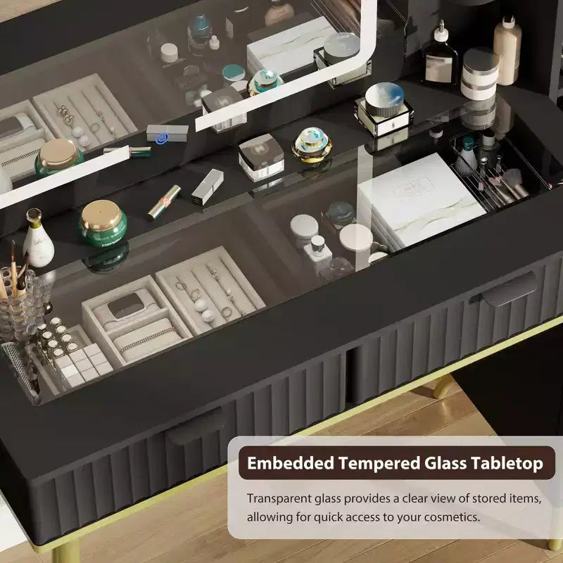 Coiffeuse de 122 cm avec plateau en verre, grande coiffeuse avec miroir à 3 modes d'éclairage et 5 tiroirs, noire