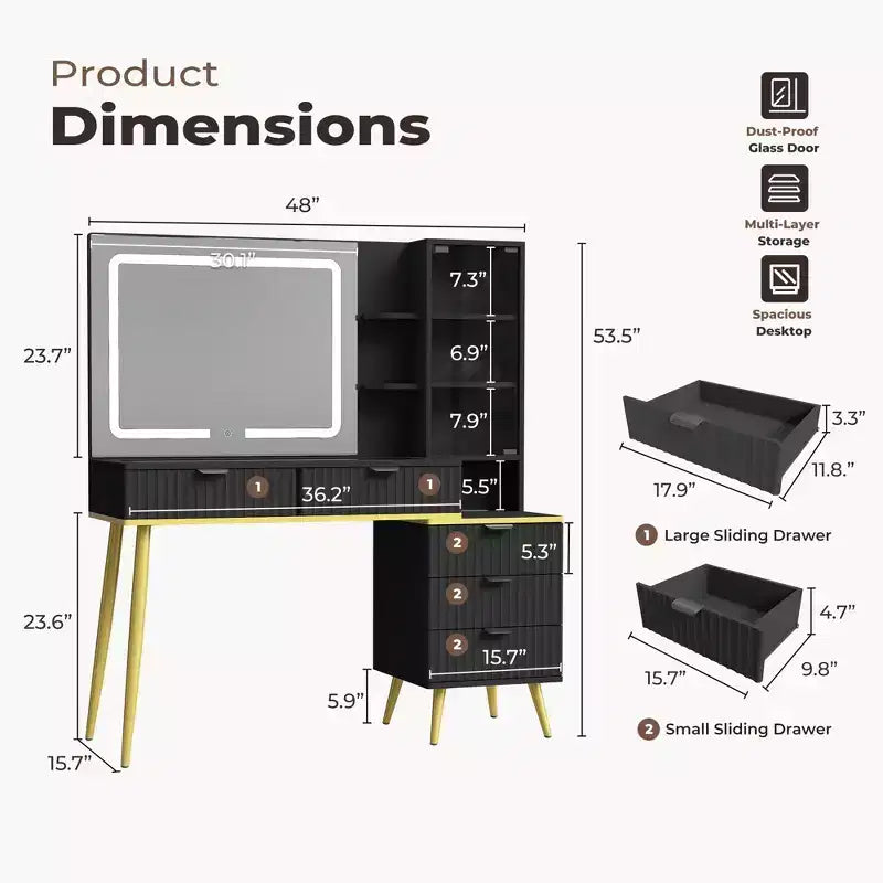 Coiffeuse de 122 cm avec plateau en verre, grande coiffeuse avec miroir à 3 modes d'éclairage et 5 tiroirs, noire