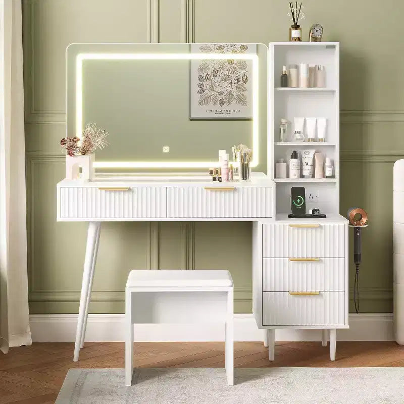 Coiffeuse avec miroir, 5 tiroirs, 3 étagères, plateau en verre, ensemble de table de maquillage pour chambre à coucher, salon