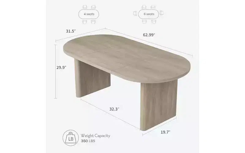 Table à manger ovale de 63 po pour 6 à 8 personnes, table en bois de style ferme moderne, finition chêne rustique résistante à l'eau pour salle à manger