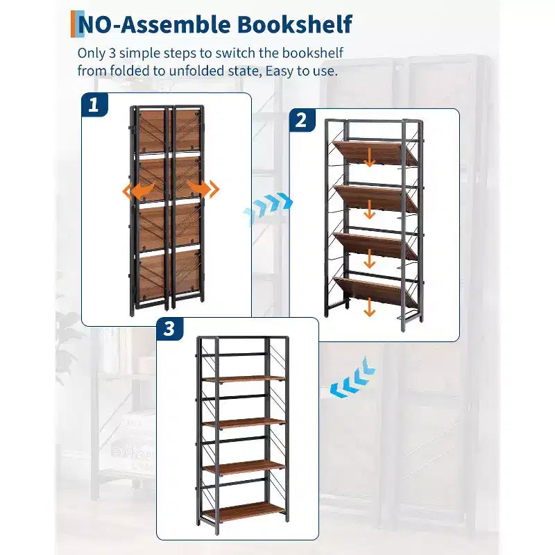 Aucun assemblage requis - Bibliothèque de bureau pliable à 4 niveaux - Étagère de rangement vintage - Cadre métallique robuste, organisateur peu encombrant