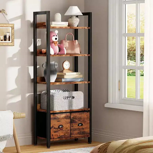 5 Tier Industrial Tall Bookcase with Two Storage Drawers Wood Metal Display Bookshelf Standing Organizer Shelf for Home Office Living Room Brown