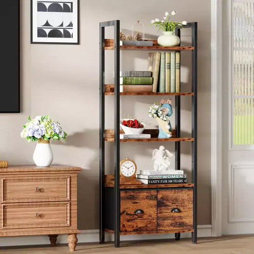 Étagère industrielle haute à 5 niveaux avec deux tiroirs de rangement, étagère de présentation en bois et métal, étagère de rangement verticale pour la maison, le bureau, le salon, marron