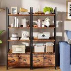 Étagère industrielle haute à 5 niveaux avec deux tiroirs de rangement, étagère de présentation en bois et métal, étagère de rangement verticale pour la maison, le bureau, le salon, marron