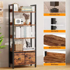 Étagère industrielle haute à 5 niveaux avec deux tiroirs de rangement, étagère de présentation en bois et métal, étagère de rangement verticale pour la maison, le bureau, le salon, marron