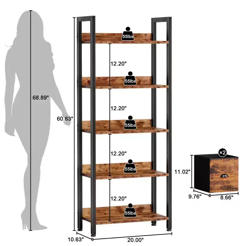 Étagère industrielle haute à 5 niveaux avec deux tiroirs de rangement, étagère de présentation en bois et métal, étagère de rangement verticale pour la maison, le bureau, le salon, marron