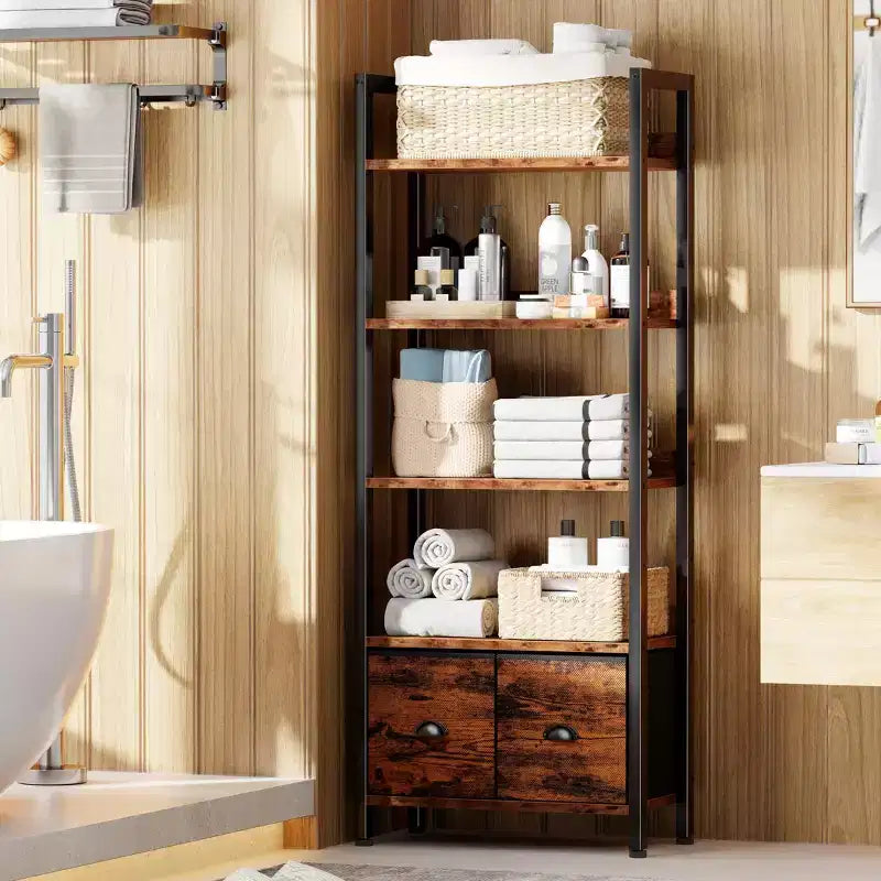 Étagère industrielle haute à 5 niveaux avec deux tiroirs de rangement, étagère de présentation en bois et métal, étagère de rangement verticale pour la maison, le bureau, le salon, marron