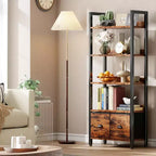 Étagère industrielle haute à 5 niveaux avec deux tiroirs de rangement, étagère de présentation en bois et métal, étagère de rangement verticale pour la maison, le bureau, le salon, marron