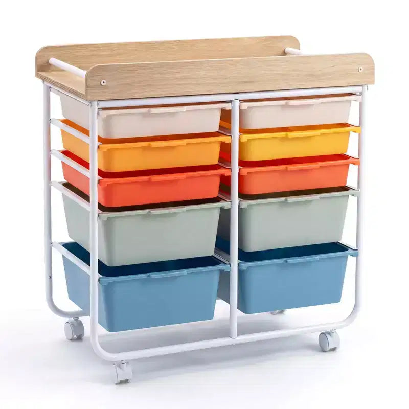 Costway Chariot de Rangement d'Art et d'Artisanat à 10 Tiroirs avec Plateau en Bois, Roues Verrouillables, Cadre et Poignées en Métal Naturel + Macaron/Blanc