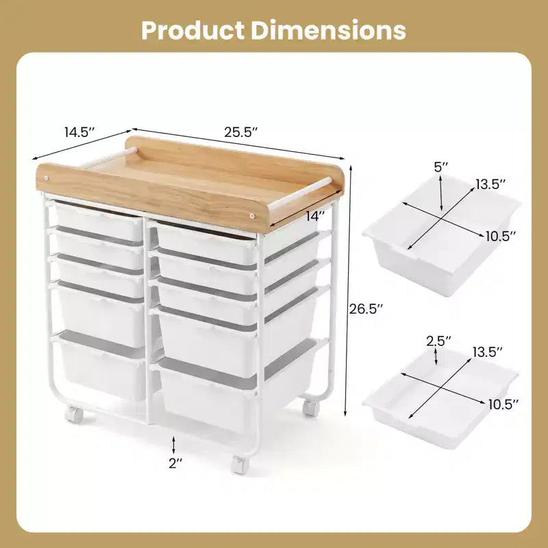 Costway Chariot de Rangement d'Art et d'Artisanat à 10 Tiroirs avec Plateau en Bois, Roues Verrouillables, Cadre et Poignées en Métal Naturel + Macaron/Blanc