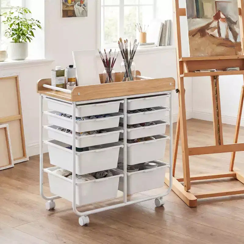 Costway Chariot de Rangement d'Art et d'Artisanat à 10 Tiroirs avec Plateau en Bois, Roues Verrouillables, Cadre et Poignées en Métal Naturel + Macaron/Blanc
