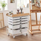Costway Chariot de Rangement d'Art et d'Artisanat à 10 Tiroirs avec Plateau en Bois, Roues Verrouillables, Cadre et Poignées en Métal Naturel + Macaron/Blanc