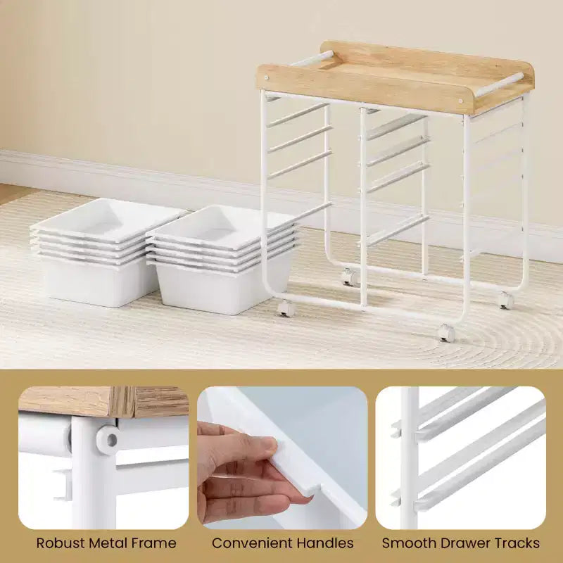 Costway Chariot de Rangement d'Art et d'Artisanat à 10 Tiroirs avec Plateau en Bois, Roues Verrouillables, Cadre et Poignées en Métal Naturel + Macaron/Blanc