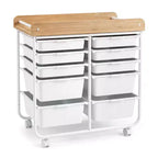 Costway Chariot de Rangement d'Art et d'Artisanat à 10 Tiroirs avec Plateau en Bois, Roues Verrouillables, Cadre et Poignées en Métal Naturel + Macaron/Blanc