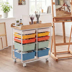 Costway Chariot de Rangement d'Art et d'Artisanat à 10 Tiroirs avec Plateau en Bois, Roues Verrouillables, Cadre et Poignées en Métal Naturel + Macaron/Blanc