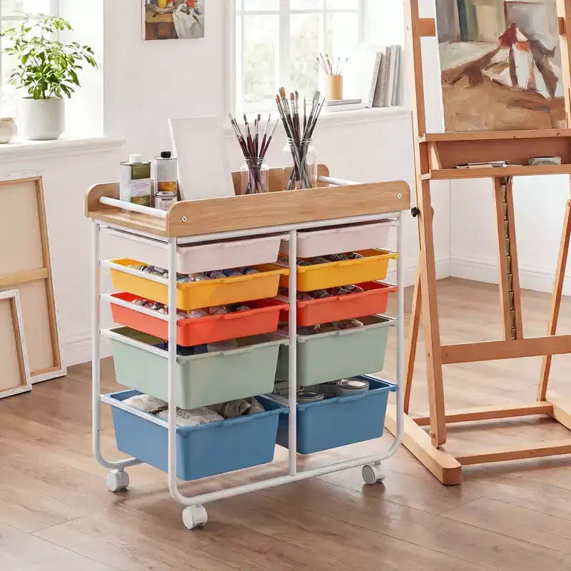 Costway Chariot de Rangement d'Art et d'Artisanat à 10 Tiroirs avec Plateau en Bois, Roues Verrouillables, Cadre et Poignées en Métal Naturel + Macaron/Blanc