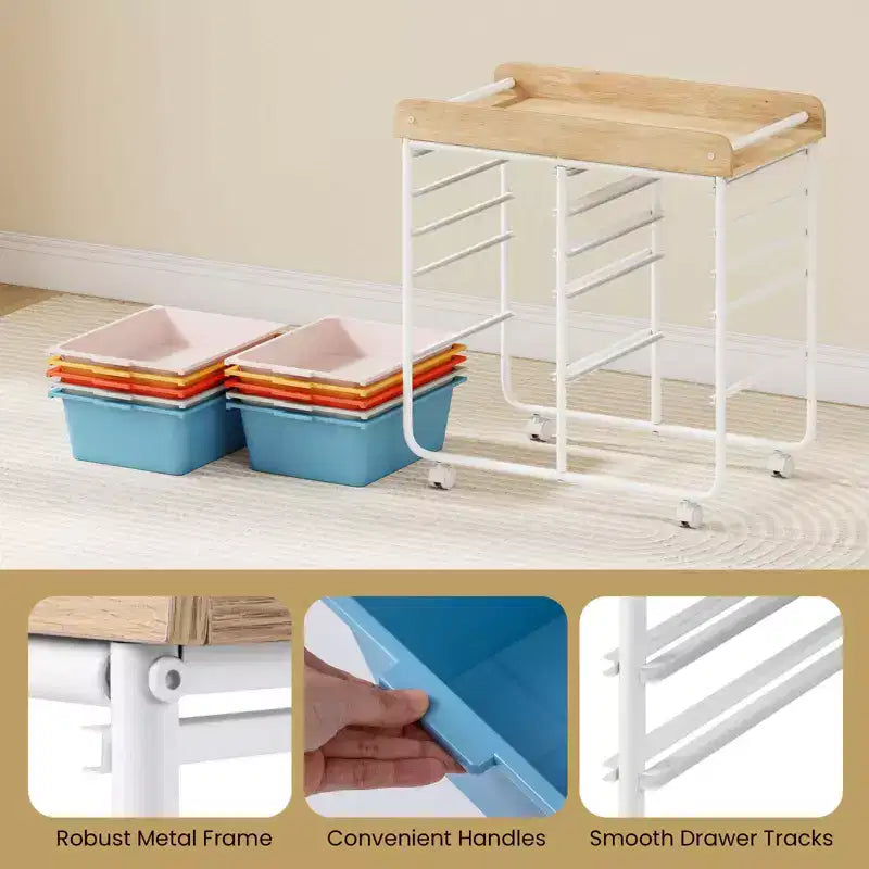 Costway Chariot de Rangement d'Art et d'Artisanat à 10 Tiroirs avec Plateau en Bois, Roues Verrouillables, Cadre et Poignées en Métal Naturel + Macaron/Blanc