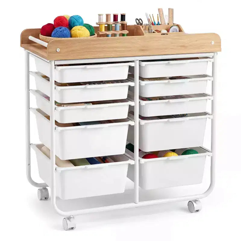 Costway Chariot de Rangement d'Art et d'Artisanat à 10 Tiroirs avec Plateau en Bois, Roues Verrouillables, Cadre et Poignées en Métal Naturel + Macaron/Blanc
