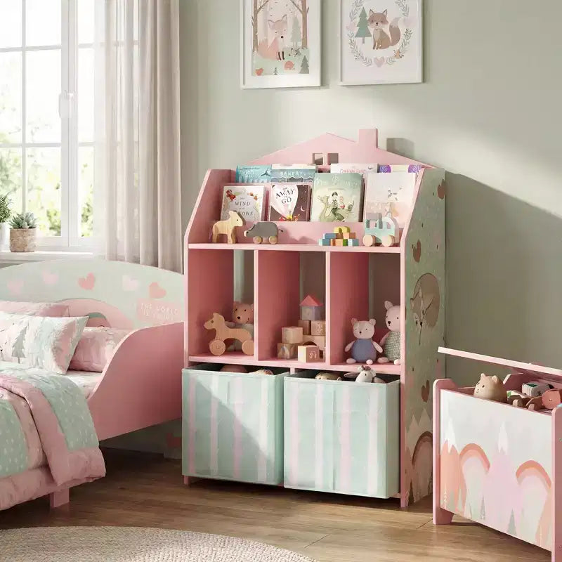 Étagère à livres Qaba pour enfants avec rangement de jouets, bibliothèque pour enfants avec présentoir à livres, étagères et tiroirs en tissu, organisateur de jouets pour salle de jeux et chambre de bébé, rose