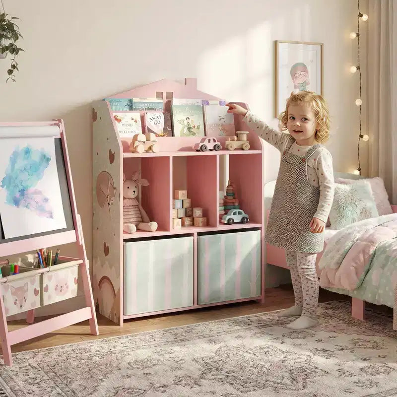 Étagère à livres Qaba pour enfants avec rangement de jouets, bibliothèque pour enfants avec présentoir à livres, étagères et tiroirs en tissu, organisateur de jouets pour salle de jeux et chambre de bébé, rose