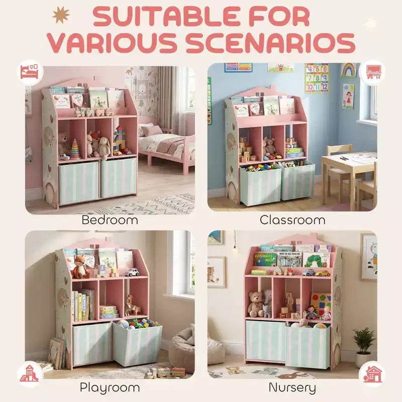 Étagère à livres Qaba pour enfants avec rangement de jouets, bibliothèque pour enfants avec présentoir à livres, étagères et tiroirs en tissu, organisateur de jouets pour salle de jeux et chambre de bébé, rose