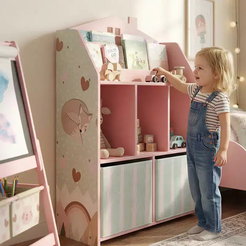 Étagère à livres Qaba pour enfants avec rangement de jouets, bibliothèque pour enfants avec présentoir à livres, étagères et tiroirs en tissu, organisateur de jouets pour salle de jeux et chambre de bébé, rose