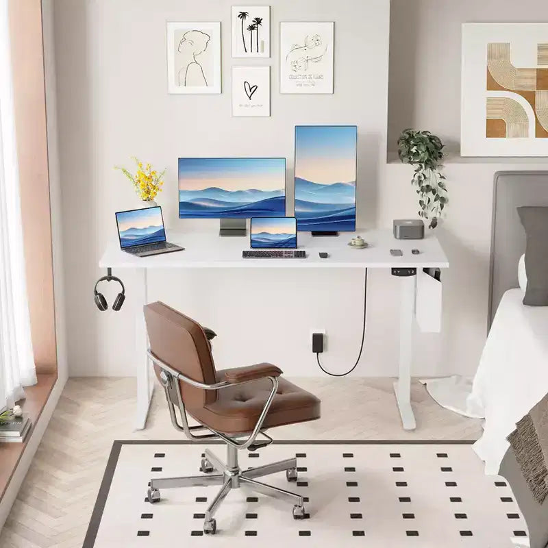 Bureau électrique réglable en hauteur, de bureau debout à assis, avec sac de rangement, préréglages de mémoire, poste de travail ergonomique pour bureau à domicile, 140 cm, blanc