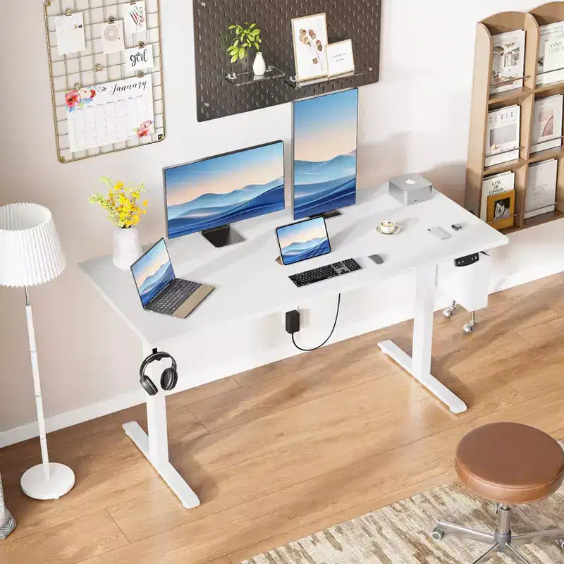 Bureau électrique réglable en hauteur, de bureau debout à assis, avec sac de rangement, préréglages de mémoire, poste de travail ergonomique pour bureau à domicile, 140 cm, blanc