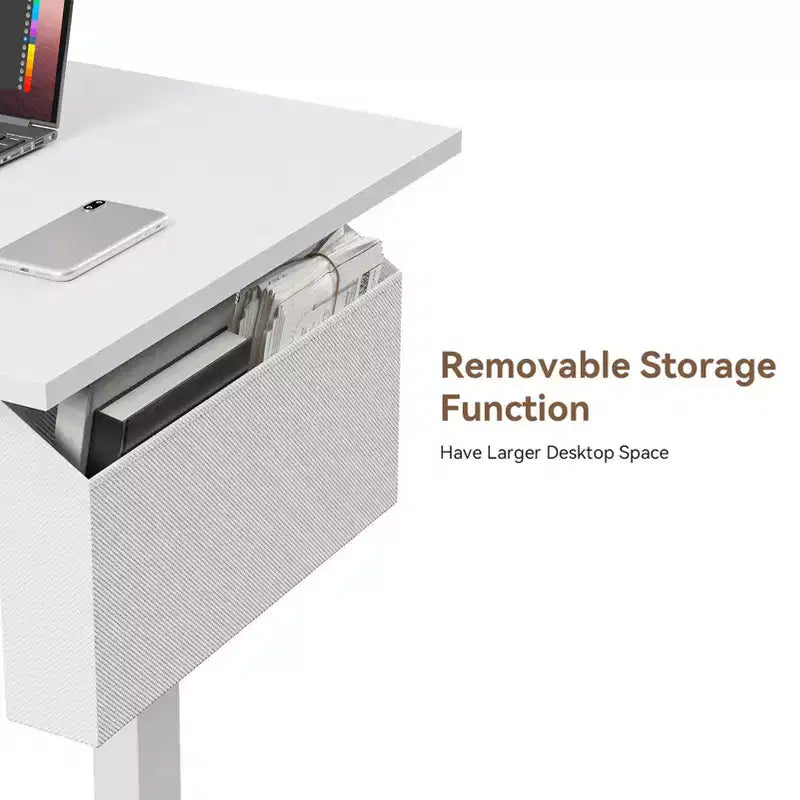 Bureau électrique réglable en hauteur, de bureau debout à assis, avec sac de rangement, préréglages de mémoire, poste de travail ergonomique pour bureau à domicile, 140 cm, blanc
