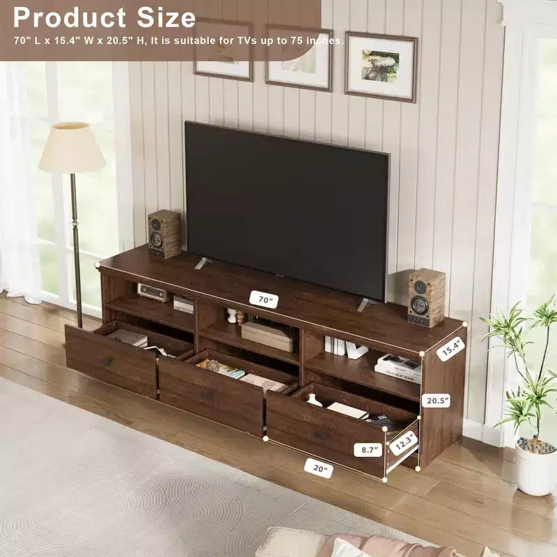 Meuble TV console de 70 pouces, meuble de divertissement moderne du milieu du siècle avec tiroir de rangement et étagères ouvertes, convient aux téléviseurs jusqu'à 80 pouces pour le salon