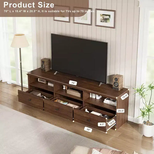 Meuble TV console de 70 pouces, meuble de divertissement moderne du milieu du siècle avec tiroir de rangement et étagères ouvertes, convient aux téléviseurs jusqu'à 80 pouces pour le salon