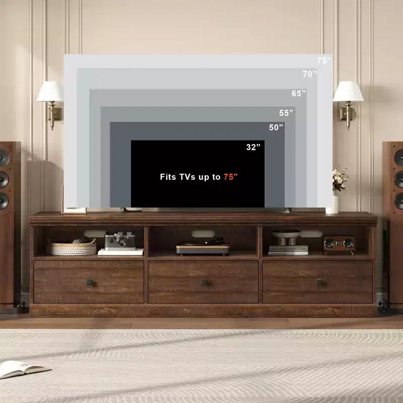 Meuble TV console de 70 pouces, meuble de divertissement moderne du milieu du siècle avec tiroir de rangement et étagères ouvertes, convient aux téléviseurs jusqu'à 80 pouces pour le salon