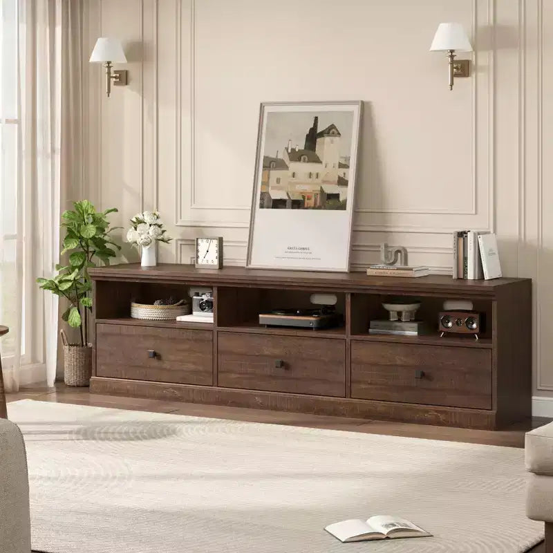 Meuble TV console de 70 pouces, meuble de divertissement moderne du milieu du siècle avec tiroir de rangement et étagères ouvertes, convient aux téléviseurs jusqu'à 80 pouces pour le salon