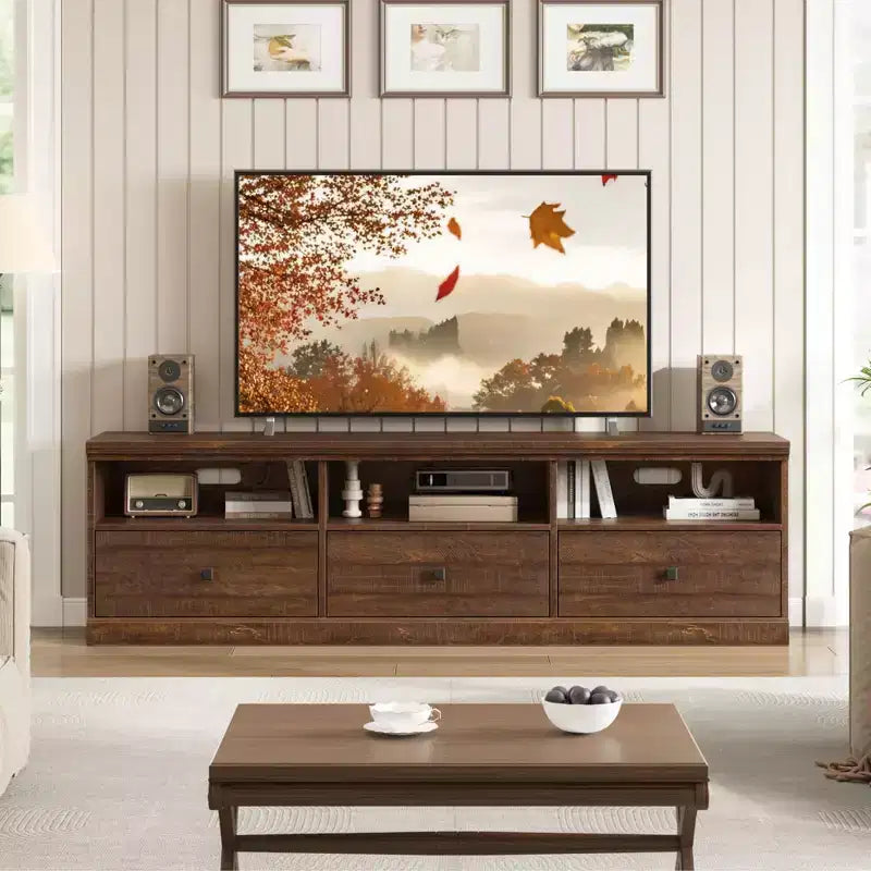 Meuble TV console de 70 pouces, meuble de divertissement moderne du milieu du siècle avec tiroir de rangement et étagères ouvertes, convient aux téléviseurs jusqu'à 80 pouces pour le salon