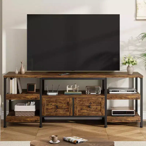 71 Modern Industrial Media Console TV Stand, Entertainment Center with 2 Drawers & Open Shelves, Metal Frame for TVs Up to 80 Inches