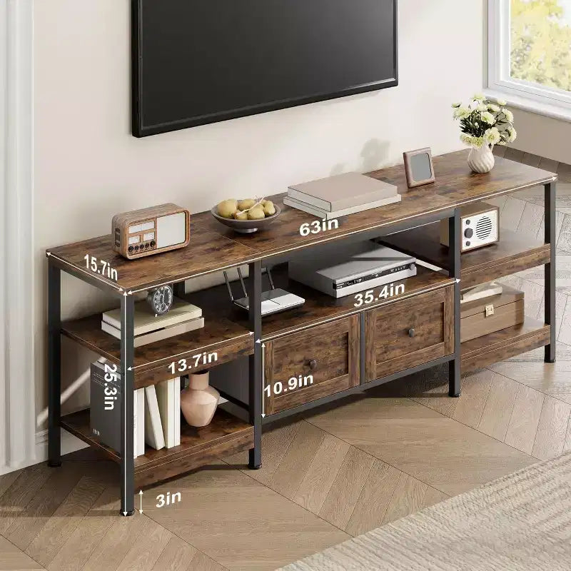 Meuble TV console moderne industriel de 180 cm avec 2 tiroirs et étagères ouvertes, cadre métallique pour téléviseurs jusqu'à 80 pouces