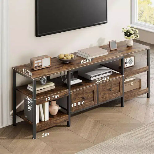 Meuble TV console moderne industriel de 180 cm avec 2 tiroirs et étagères ouvertes, cadre métallique pour téléviseurs jusqu'à 80 pouces