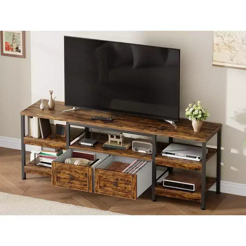 Meuble TV console moderne industriel de 180 cm avec 2 tiroirs et étagères ouvertes, cadre métallique pour téléviseurs jusqu'à 80 pouces