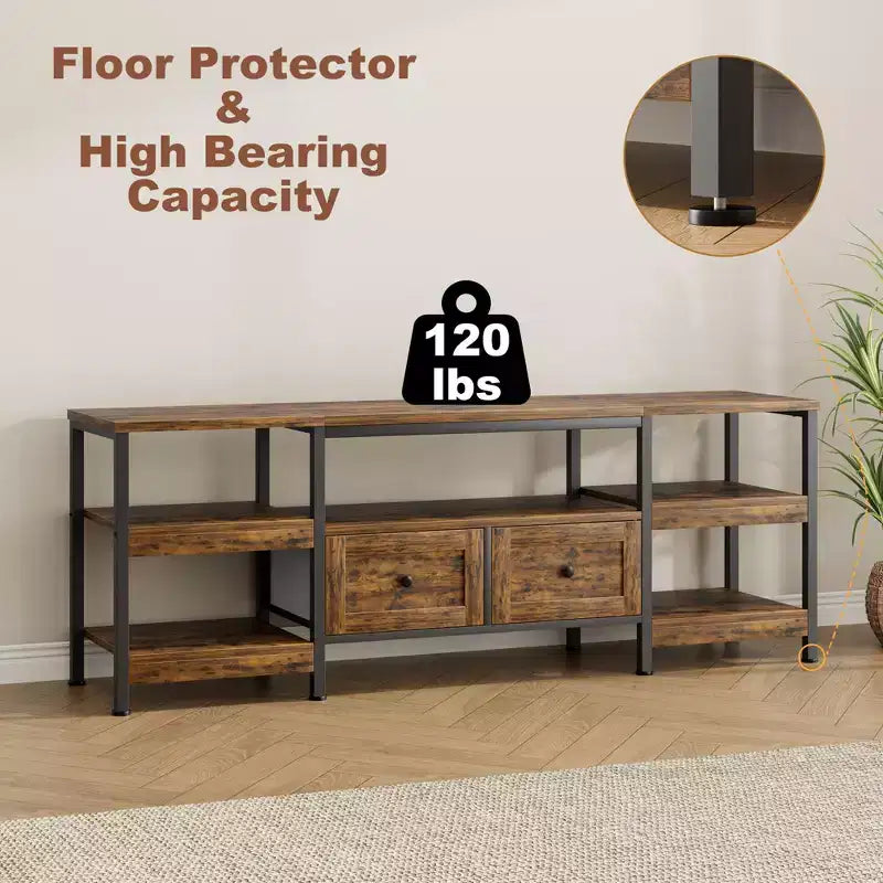 Meuble TV console moderne industriel de 180 cm avec 2 tiroirs et étagères ouvertes, cadre métallique pour téléviseurs jusqu'à 80 pouces