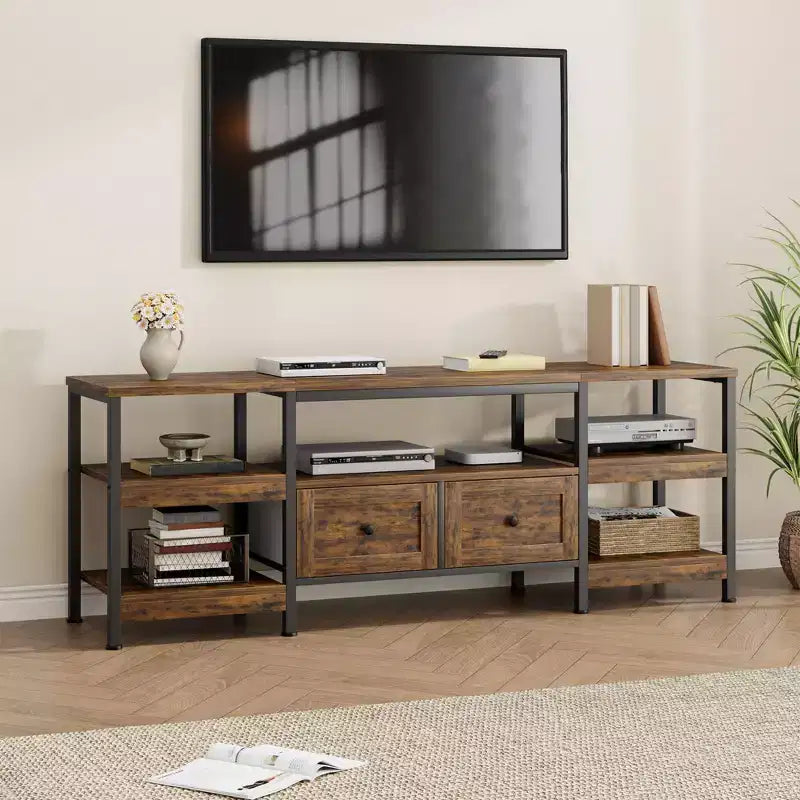 Meuble TV console moderne industriel de 180 cm avec 2 tiroirs et étagères ouvertes, cadre métallique pour téléviseurs jusqu'à 80 pouces