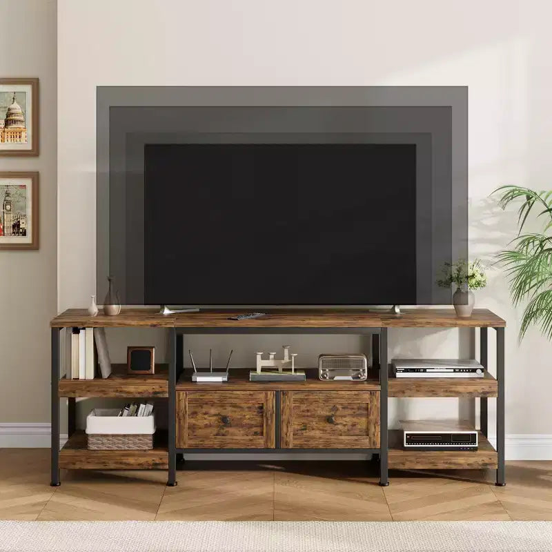 Meuble TV console moderne industriel de 180 cm avec 2 tiroirs et étagères ouvertes, cadre métallique pour téléviseurs jusqu'à 80 pouces