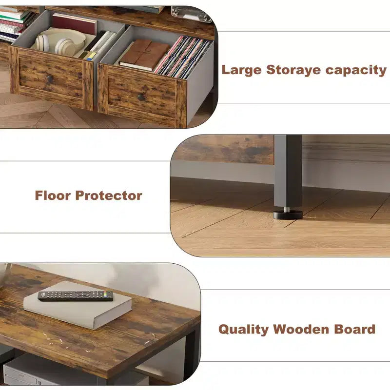 Meuble TV console moderne industriel de 180 cm avec 2 tiroirs et étagères ouvertes, cadre métallique pour téléviseurs jusqu'à 80 pouces