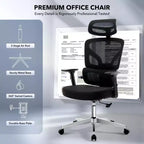Chaise de bureau ergonomique - Chaise de bureau en maille avec support lombaire, chaise de jeu d'ordinateur à dossier haut avec appuie-tête, chaises de travail pivotantes à roulettes