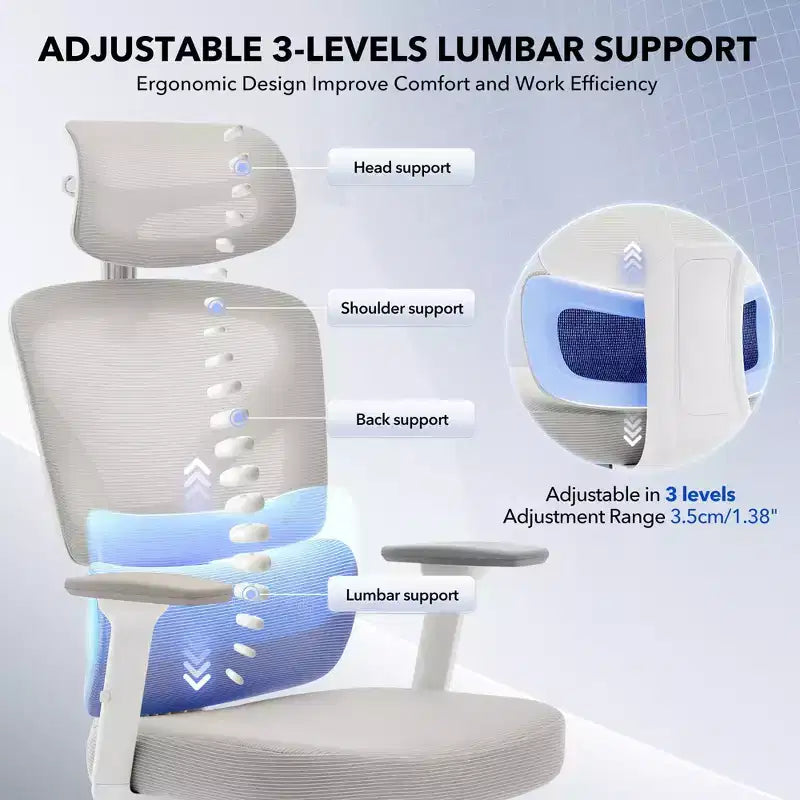 Chaise de bureau ergonomique - Chaise de bureau en maille avec support lombaire, chaise de jeu d'ordinateur à dossier haut avec appuie-tête, chaises de travail pivotantes à roulettes